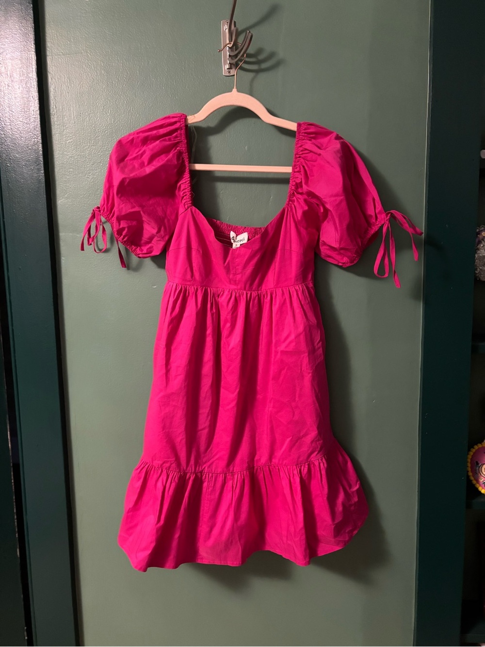 Bright Pink Puff-Sleeve Casual Dress with Tie Details